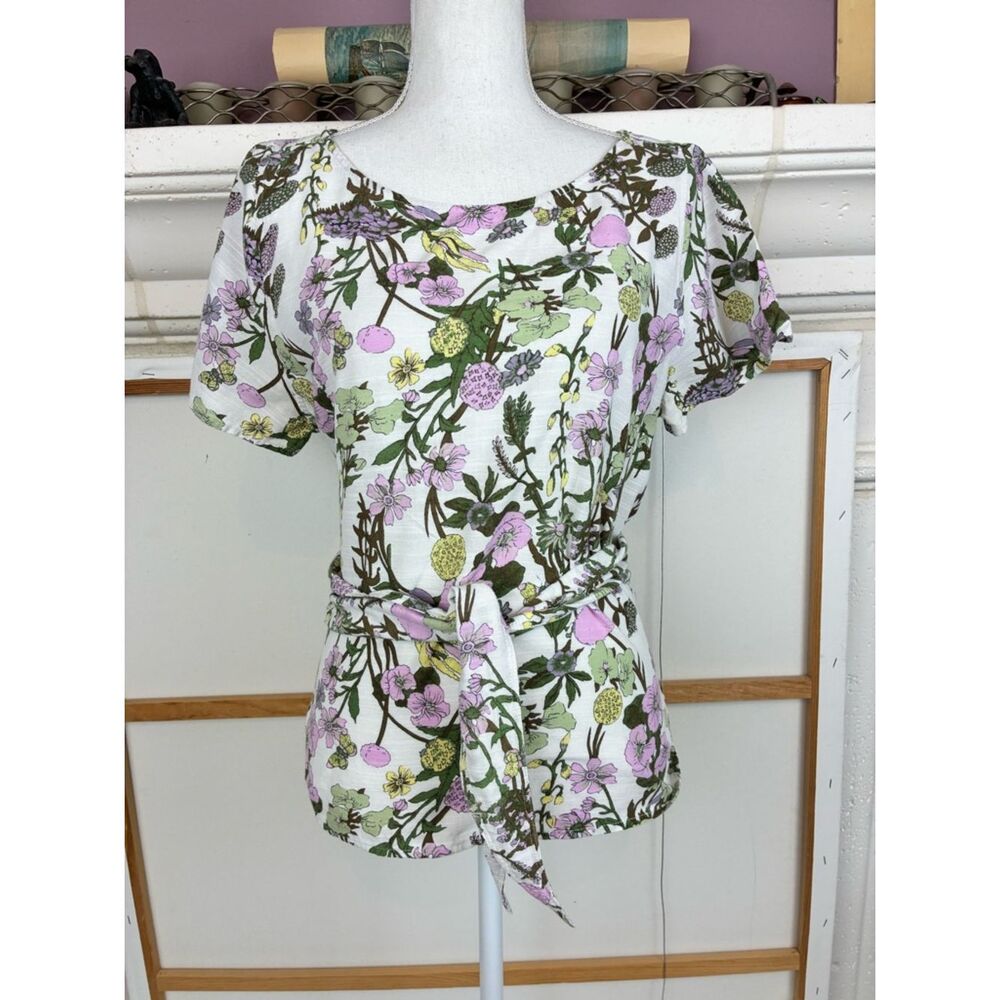 Susina Delicate Botanical English Floral Multi Way Tie-Waist Short Sleeve Blouse